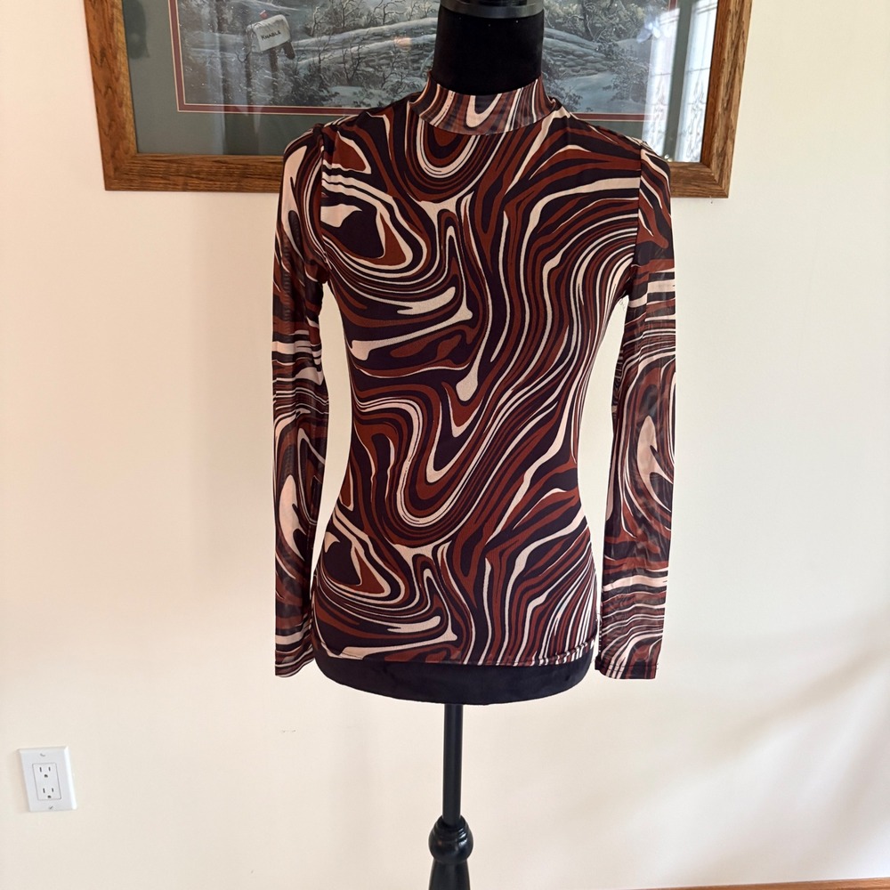SHEIN Mesh Top Womens XS Brown Marble Print Mock Neck Slim Fit Long Sleeve Shirt